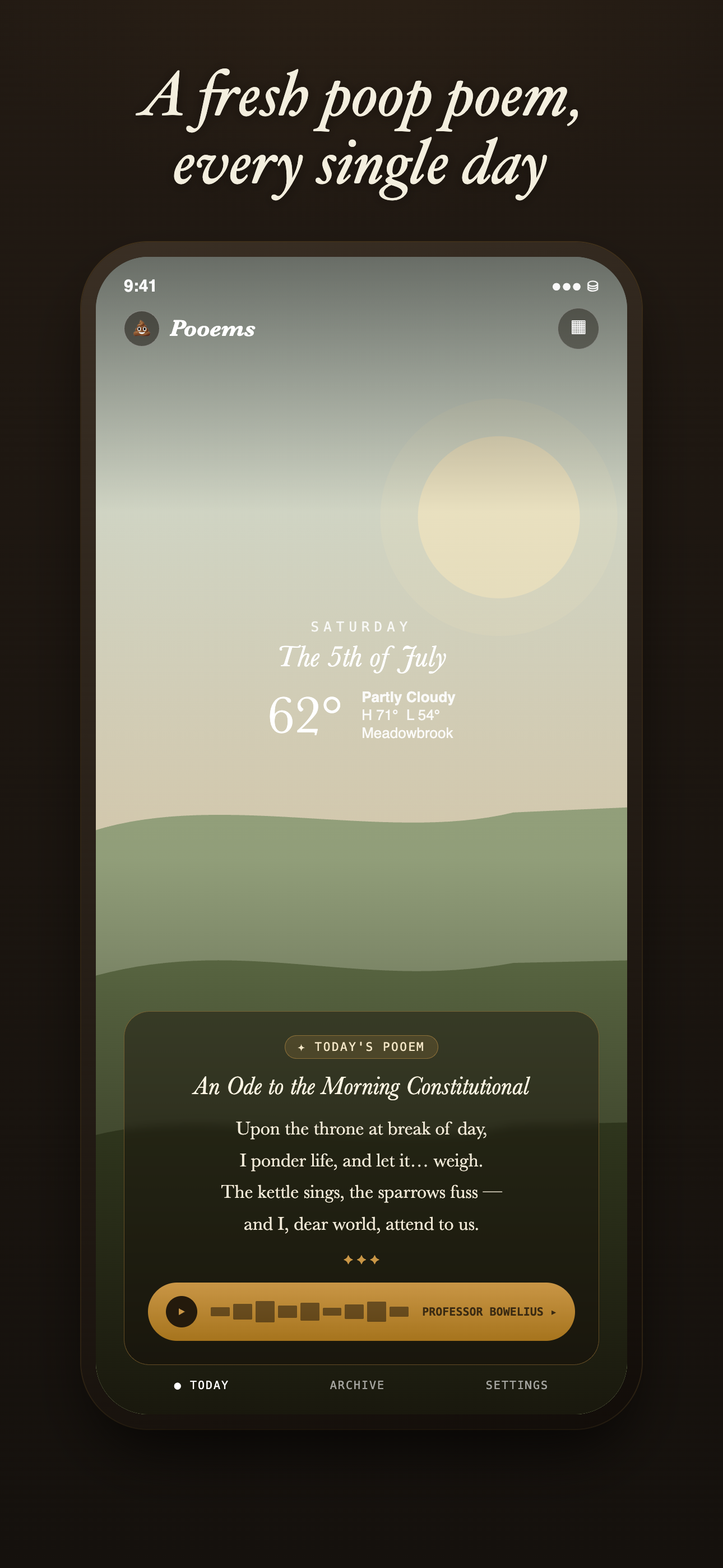Pooems Today screen showing the daily forecast beside a parchment poem card