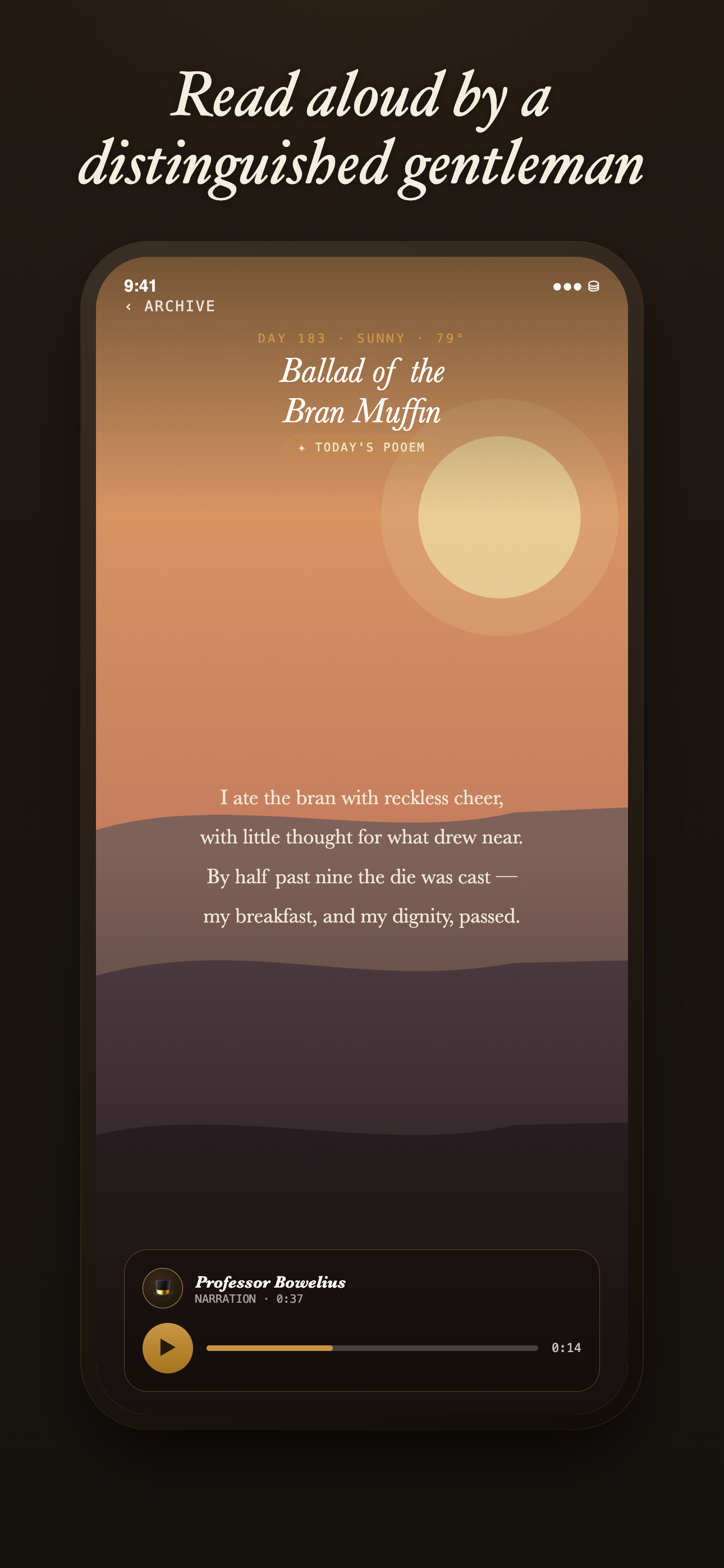 Pooems Reader with narrator portrait, verse, and playback controls