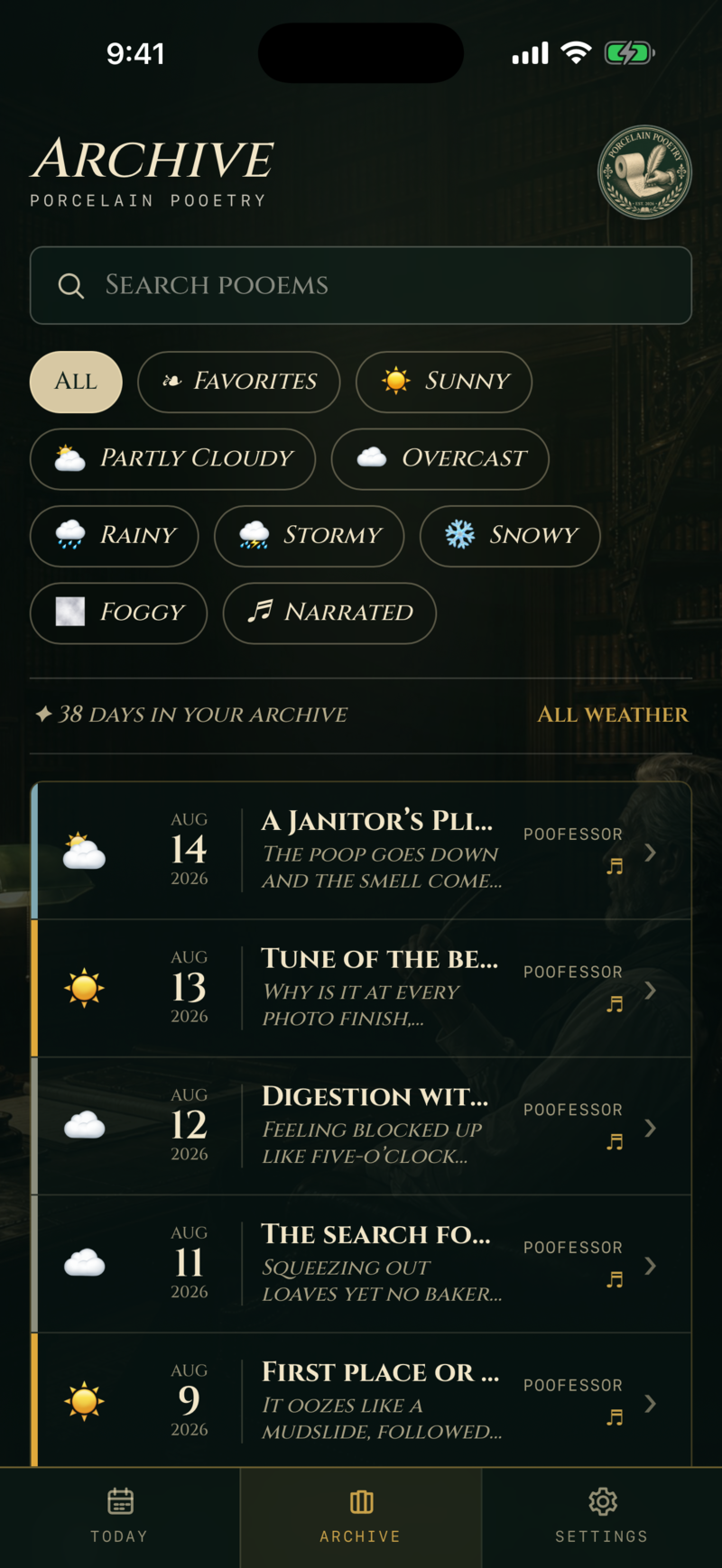 Porcelain Pooetry Archive list with mood filters and favorites