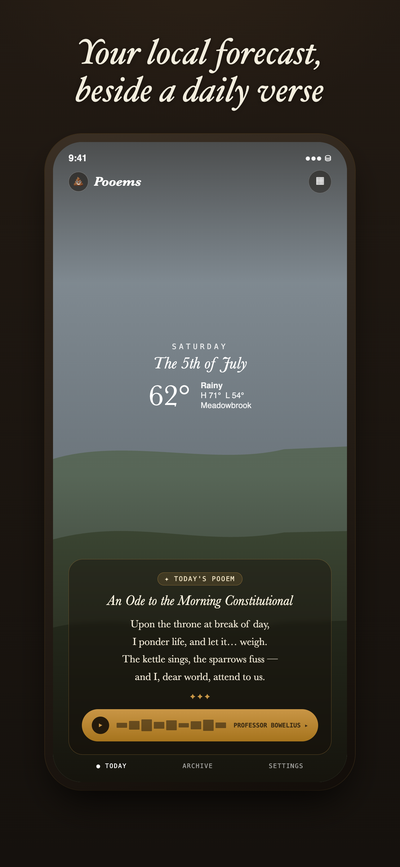 Pooems weather mood screen with rainy conditions and the day’s poem