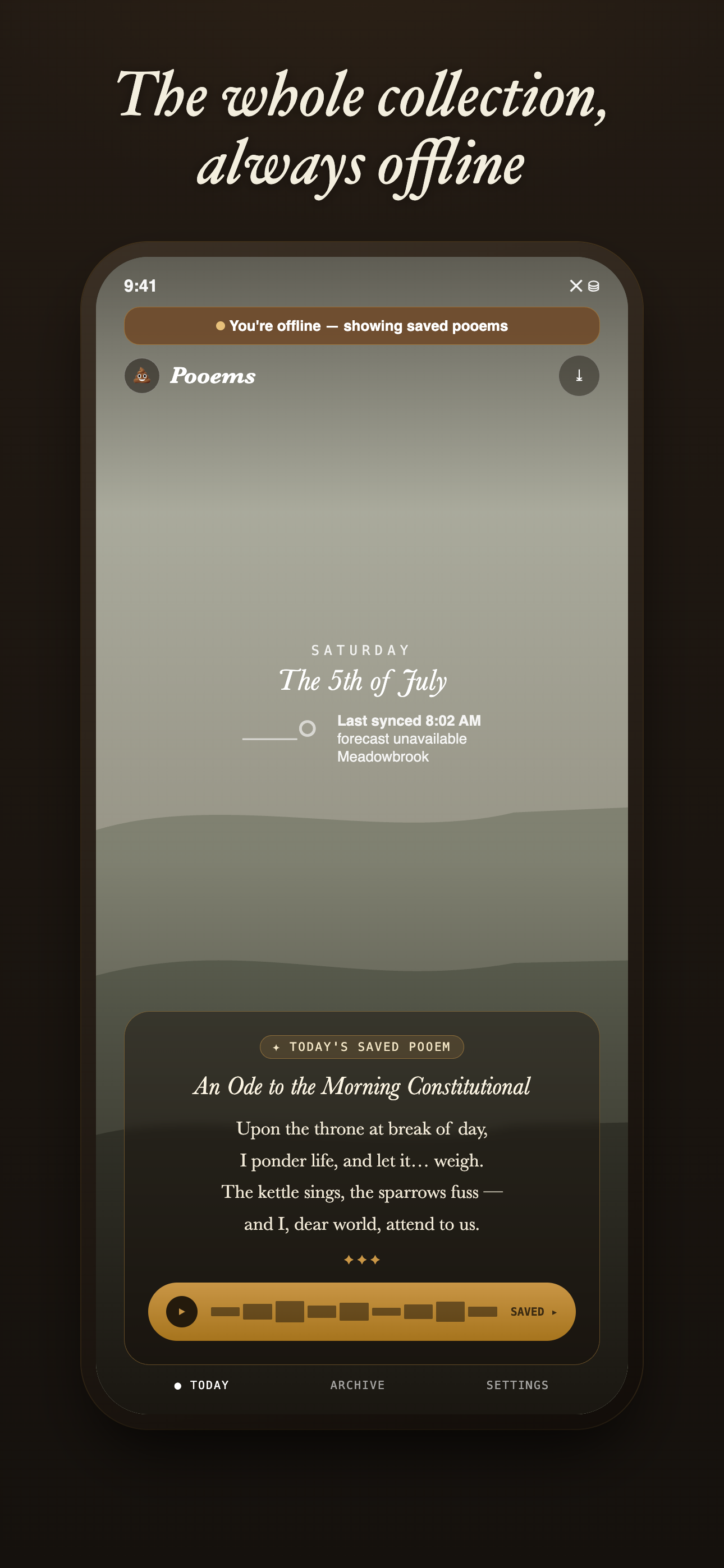 Pooems offline banner with saved narration ready to play