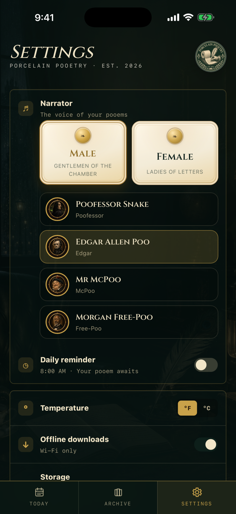 Porcelain Pooetry Settings with narrator choice, units, and daily reminder