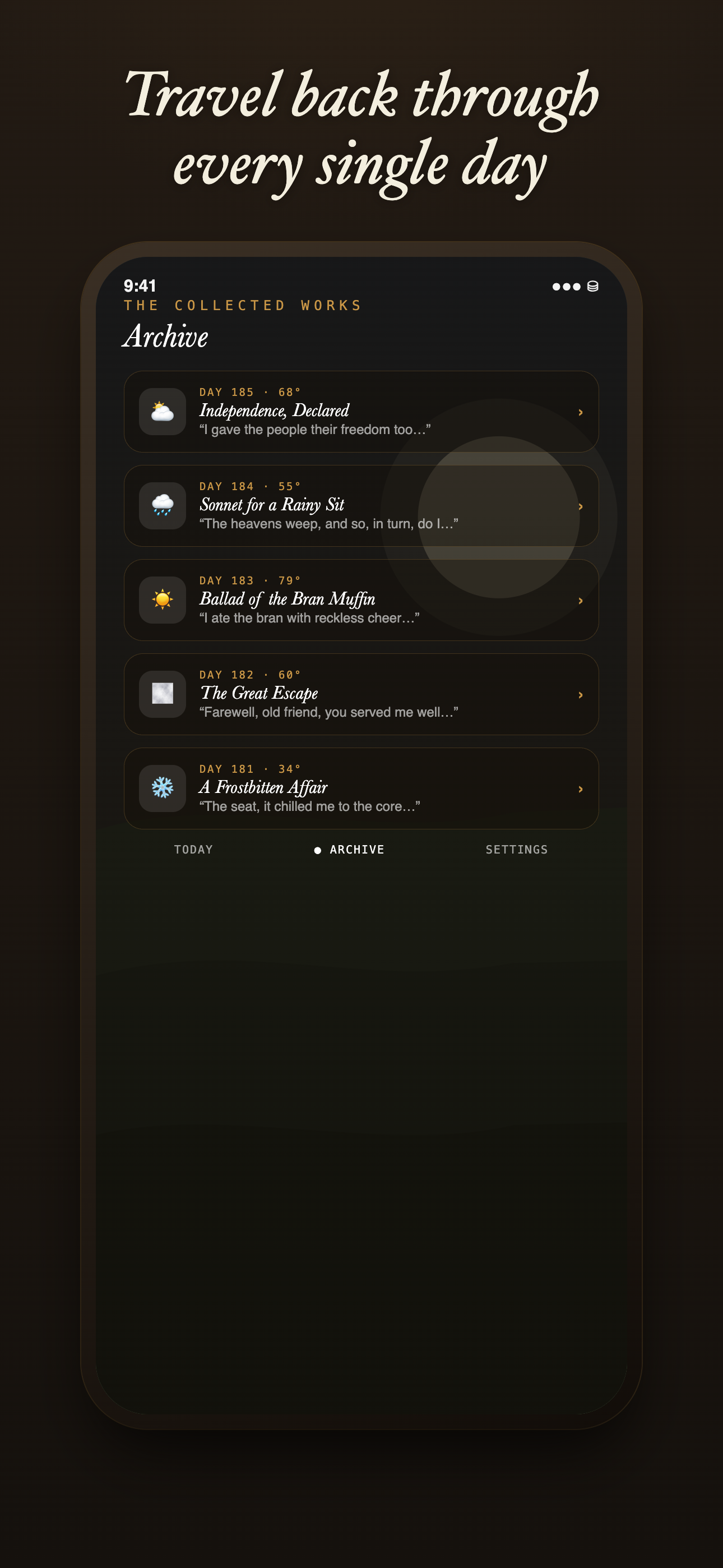 Pooems Archive list with weather-mood filters and favorites