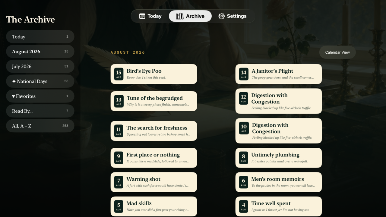 Apple TV Ledger archive — browse pooems by month, national days, favorites, or narrator