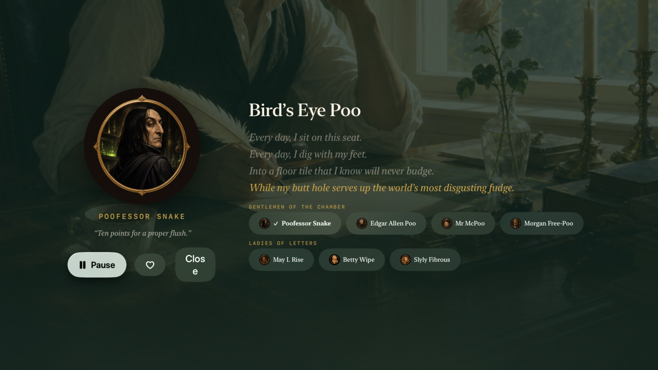 Apple TV fireside player — narrator portrait beside the verse, with the spoken line highlighted
